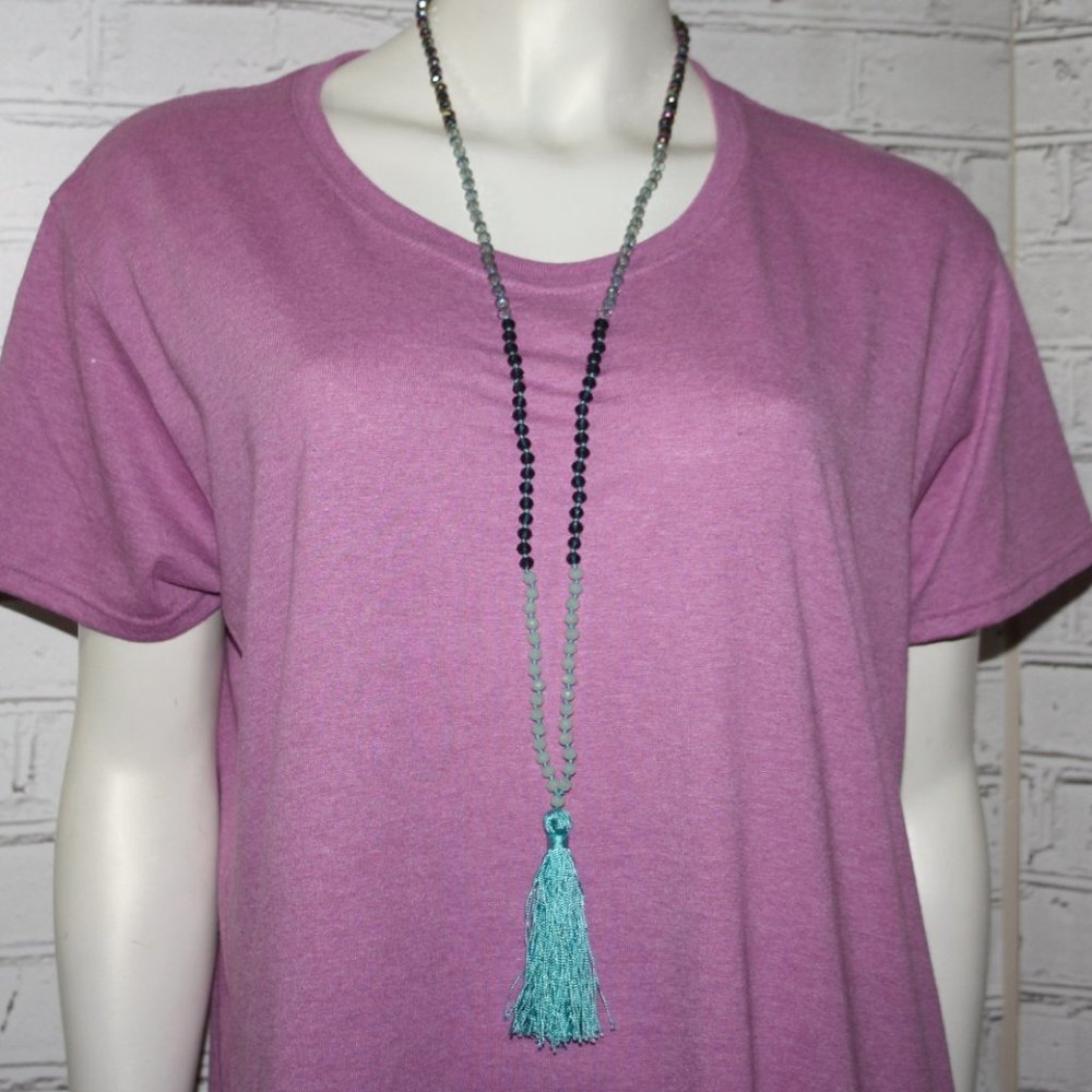 Beautiful long blue crystal and tassel necklace by Express 38" statement